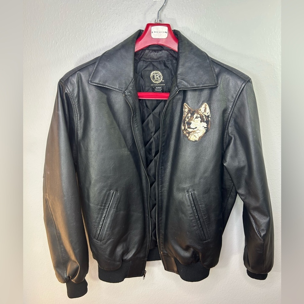 Bradford Exchange 100% Leather Wolf Embroidered Jacket Black - Men’s Size M